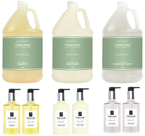 Terra Pure Gallon & Dispenser Set | 1-Shoppe All-In-Kit | Shampoo Conditioner Body Wash Gallon | Refillable 10.14 oz. Matching Pump Bottles