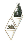 Hanging Planter Vase & Geometric Wall Decor Container, Small, White/Brass