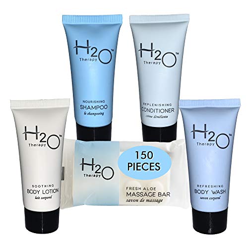 Hotel Size Toiletries Set | H2O Therapy 1-Shoppe All-In-Kit Amenities For Hotels, Airbnb & Rentals | .85 oz Hotel Shampoo & Conditioner, Body Wash, Body Lotion & 1 oz Bar Soap | 150 Piece Travel Kit