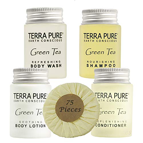 Terra Pure Hotel Size Toiletries Set | 1-Shoppe All-In-Kit Amenities For Hotels, Airbnb & Rentals | 1 oz Hotel Shampoo & Conditioner, Body Wash, Body Lotion & 1.25 oz Bar Soap | 75 Piece Travel Set