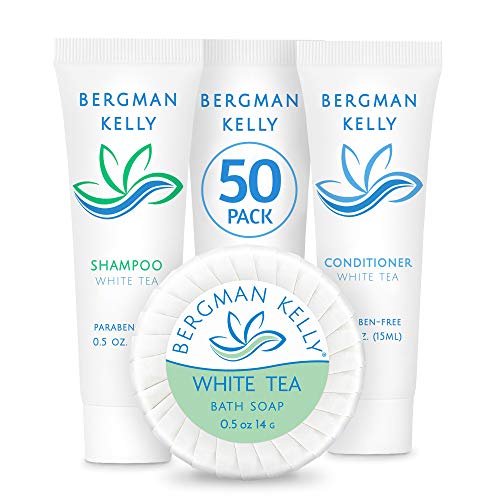 BERGMAN KELLY Round Sanitary Soap Bars, Shampoo & Conditioner 3-Piece Set (0.5 oz each, 150 pc, White Tea), Delight Your Guests with Revitalizing & Refreshing Bulk Travel Toiletries & Hotel Amenities