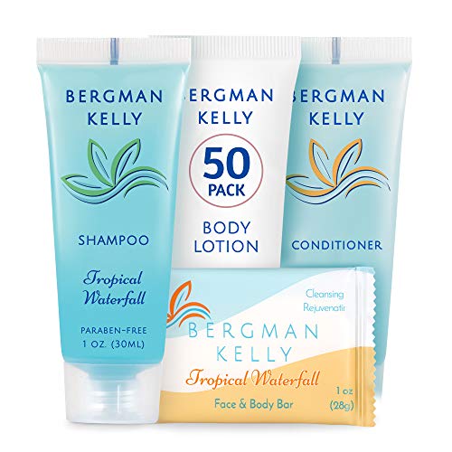 BERGMAN KELLY Sanitary Toiletries Bundle (Tropical Waterfall, 1 oz each, 200 Pieces) 4-Piece Set: 50 Bar Soap, 50 Shampoo, 50 Conditioner & 50 Body Lotion - Bulk Hotel Guest Amenities Supply