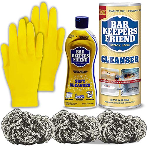 Bar Keepers Friend Cleaner Pack Kit: Bartenders Powdered Stainless Steel Cleanser, Bar Tenders Friend Best Soft Cleanser, 3 Steel Wool Scrubber Pads, 1 Pair Thick Rubber Dishwashing Cleaning Gloves